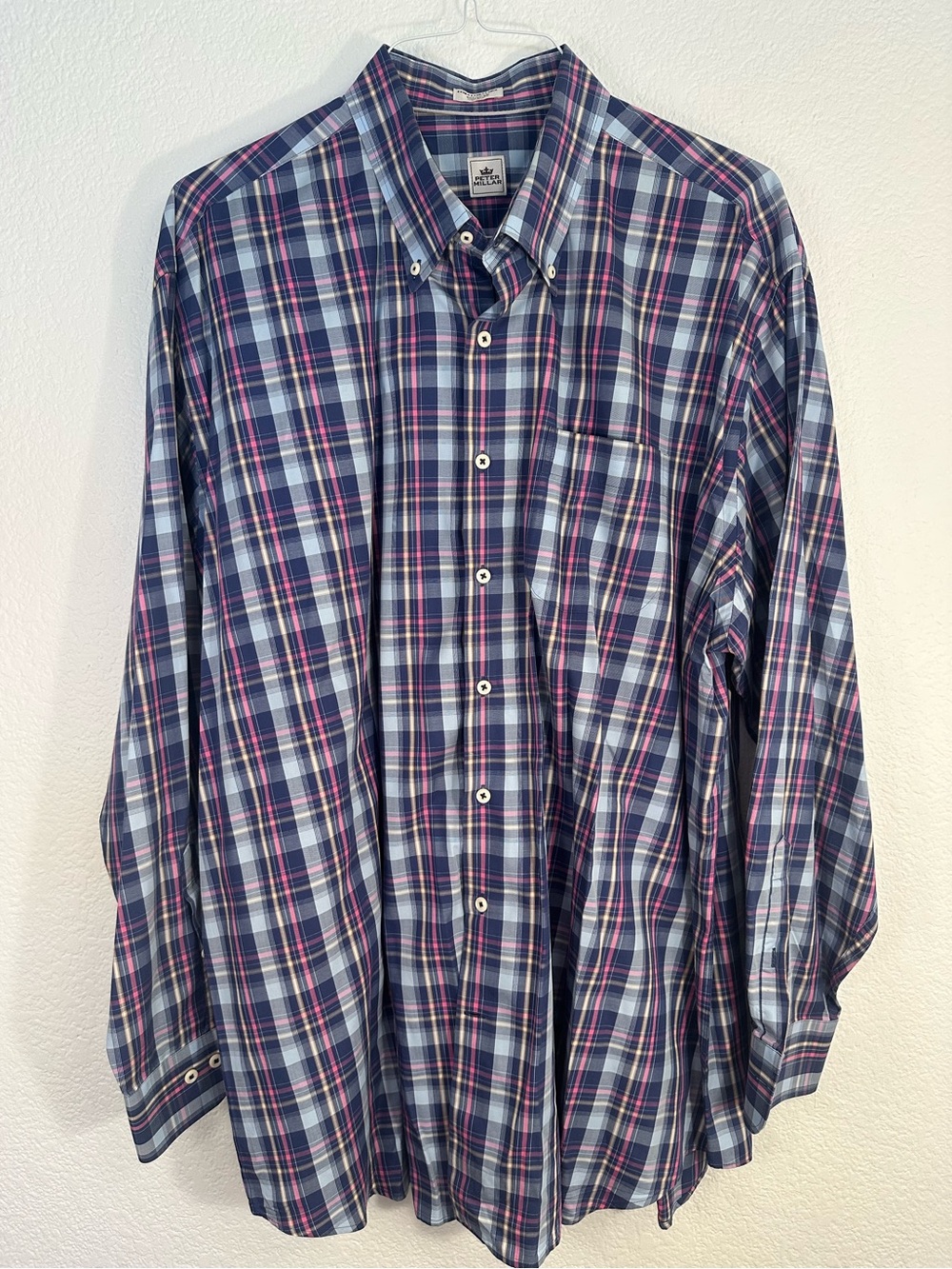 Peter Millar Button Down Shirt Men’s XXL Navy Blue Pink Plaid 100% Cotton